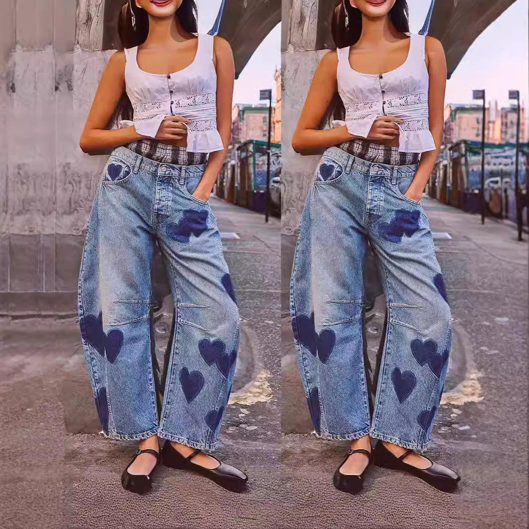Damen weite Jeans mit Herzen-Details und entspanntem Schnitt Heidi-Mode