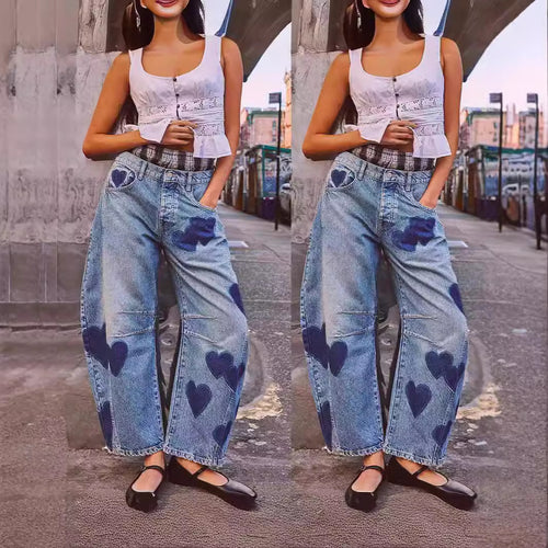 Damen weite Jeans mit Herzen-Details und entspanntem Schnitt Heidi-Mode