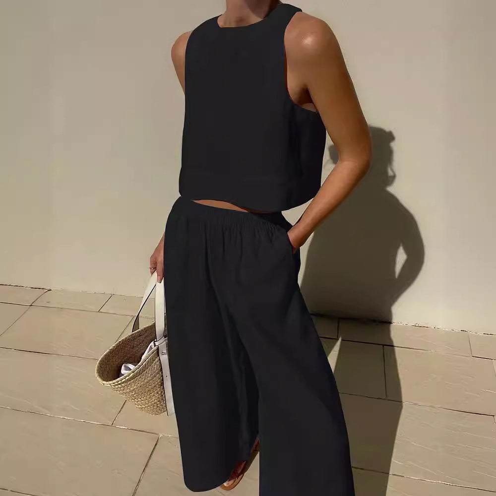 Damen luftiges und modernes Leinen-Set mit Cropped Top und weitem Hose Heidi-Mode