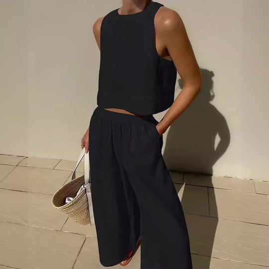 Damen luftiges und modernes Leinen-Set mit Cropped Top und weitem Hose Heidi-Mode