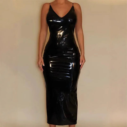 Damen Hochwetiges Lack-Midi-Kleid mit verführerischem V-Ausschnitt und Taillierung Heidi-Mode