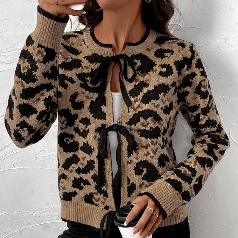 Damen Leo-Muster Strickjacke mit Bändern Heidi-Mode