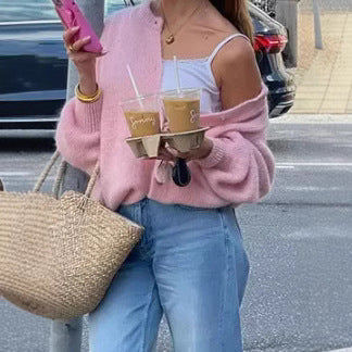 Damen Lockere Strickjacke mit Knopfleiste und weichem Faserdesign Heidi-Mode