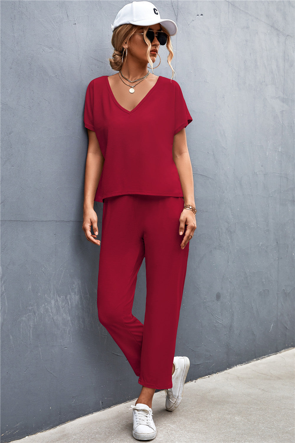 Damen Lounge-Set mit lässigem V-Ausschnitt und elastischen Bündchen Heidi-Mode