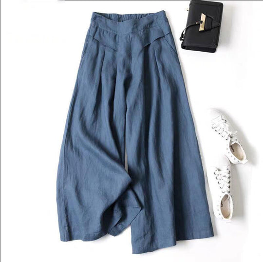 Damen Weit geschnittene Leinenhose mit hohem Bund und eleganten Falten Heidi-Mode