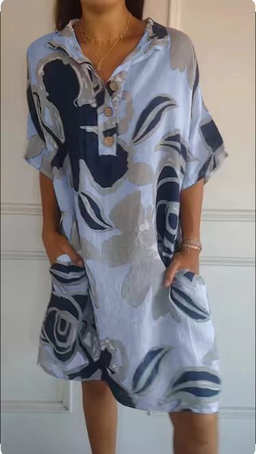Damen luftiges Strandkleid mit modischem Muster und seitlichen Taschen Heidi-Mode