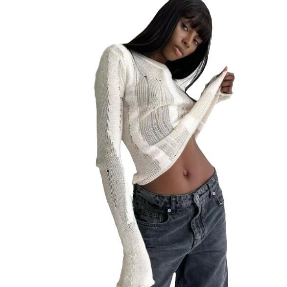 Damen modisches Strickoberteil mit elegantem Knoten und schmalen Ärmeln Heidi-Mode