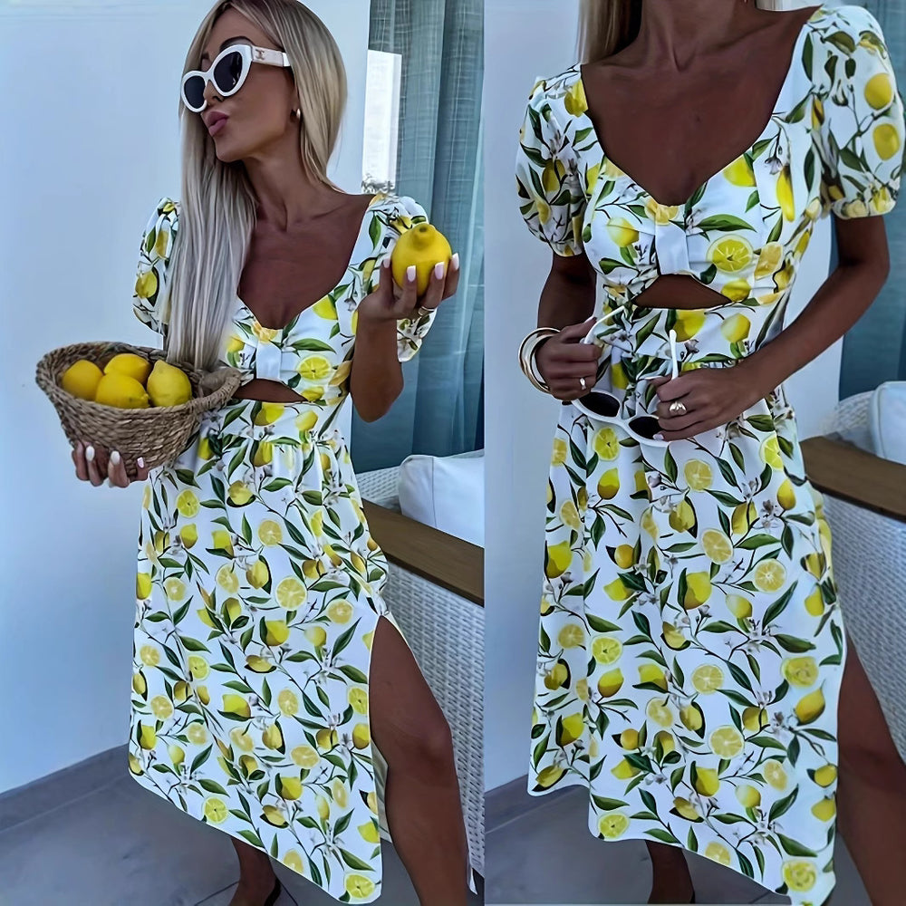 Damen Maxikleid mit fruchtigem Print und seitlichem Schlitz Heidi-Mode