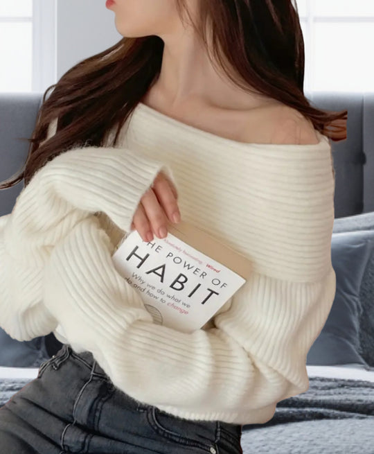 Damen Off-Shoulder Strickpullover mit elastischem Rippdesign Heidi-Mode