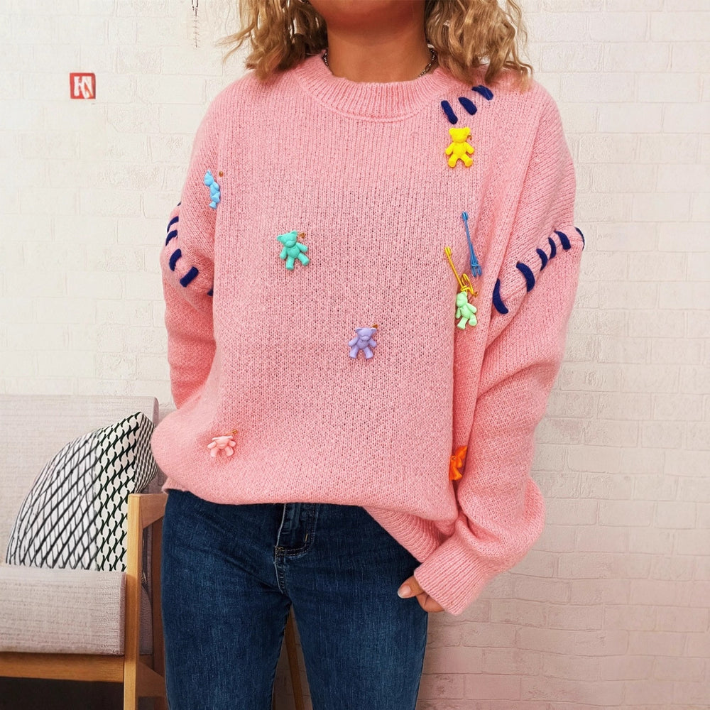 Damen Pullover mit verspieltem Bären-Motiv und dekorativen Applikationen Heidi-Mode