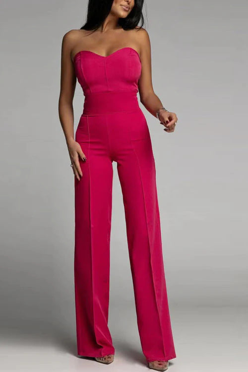 Damen schulterfreier Jumpsuit mit elegantem Herz-Ausschnitt und weitem Bein Heidi-Mode