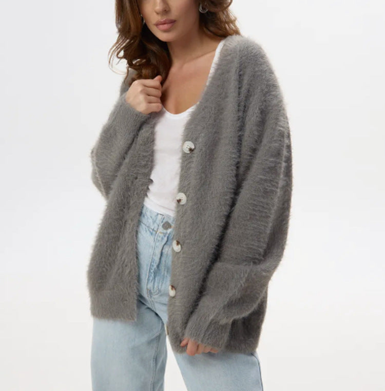 Damen Flauschiger Cardigan mit Perlknöpfen und lockerer Passform Heidi-Mode