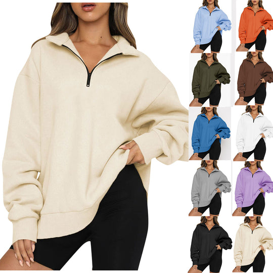 Damen modischer Oversized Pullover mit kurzem Reißverschluss und lässigen Ärmeln Heidi-Mode