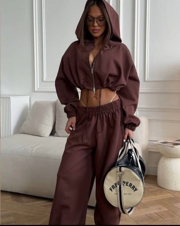 Damen Lässiger Cropped Hoodie mit hoher Taille und weitem Hosen Heidi-Mode