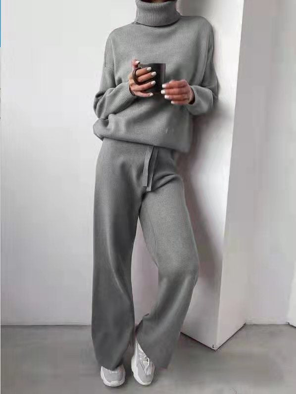 Damen kuscheliges Strick-Loungewear-Set mit weiten Hosen und elegantem Rundhalsausschnitt Heidi-Mode