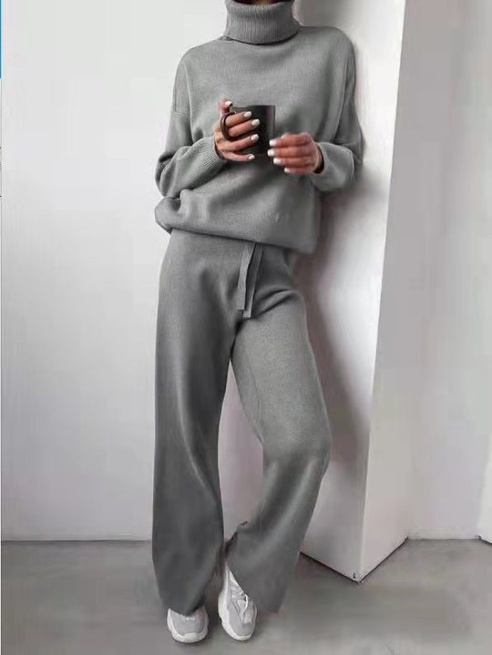 Damen kuscheliges Strick-Loungewear-Set mit weiten Hosen und elegantem Rundhalsausschnitt Heidi-Mode