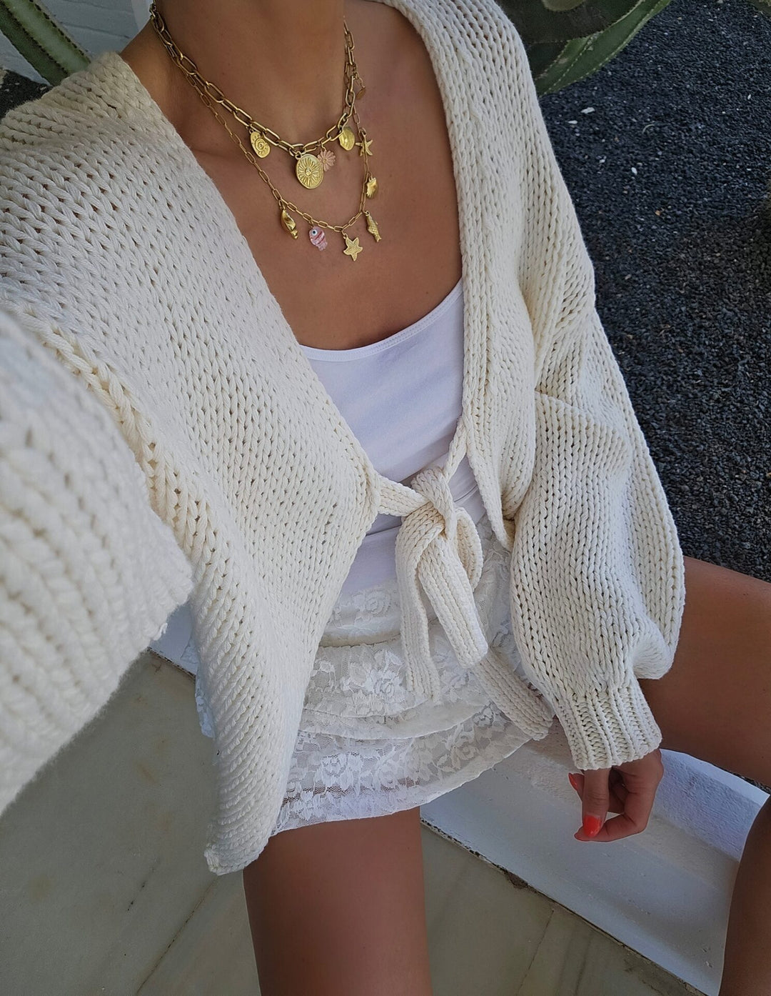 Damen lässige Strickjacke mit Bindeverschluss und weiten Ärmeln Heidi-Mode