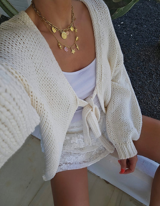 Damen lässige Strickjacke mit Bindeverschluss und weiten Ärmeln Heidi-Mode