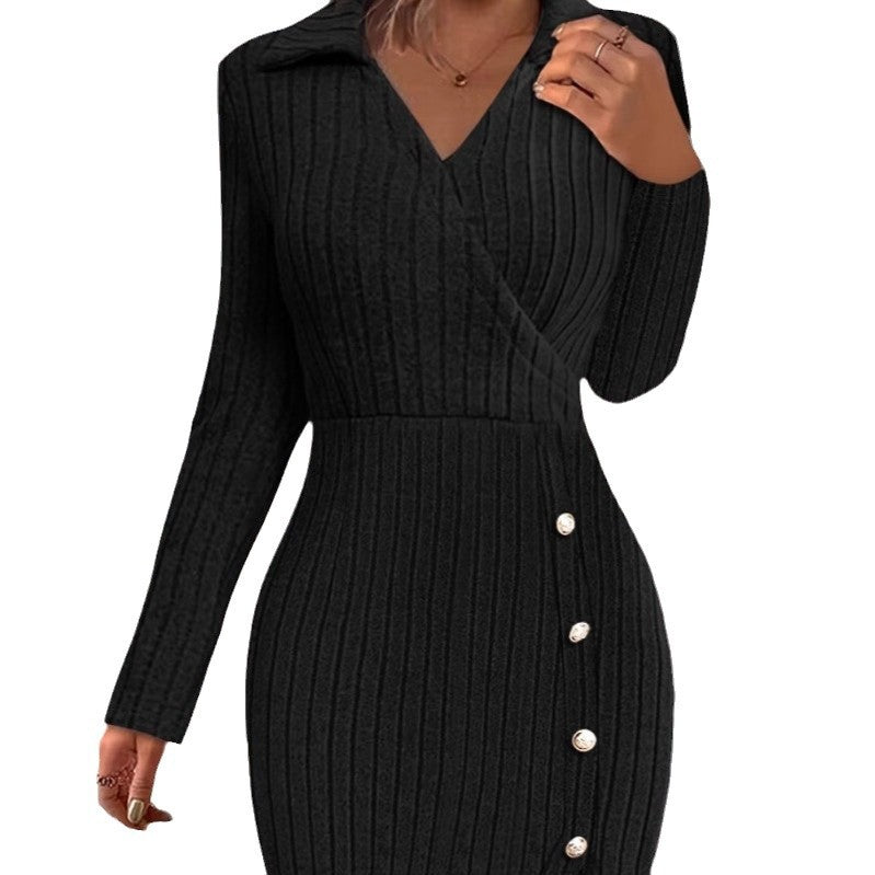Damen Strickkleid mit V-Ausschnitt und Knopfdetails Heidi-Mode