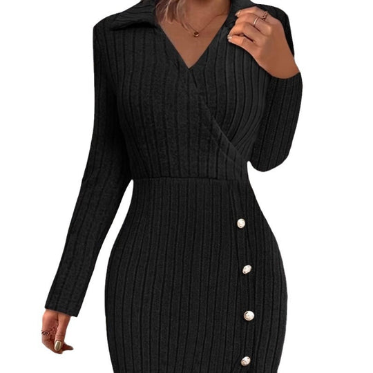 Damen Strickkleid mit V-Ausschnitt und Knopfdetails Heidi-Mode