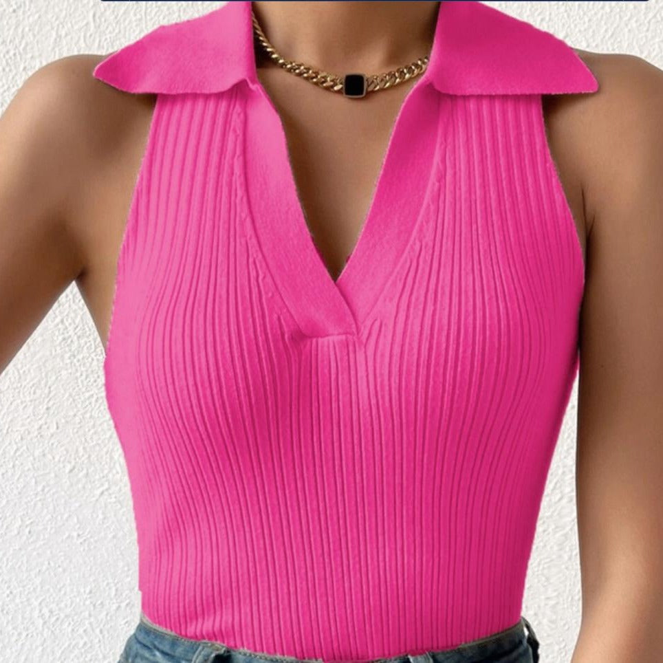 Damen Ärmelloses Strickoberteil mit modischem Kragen und Rippstruktur Heidi-Mode