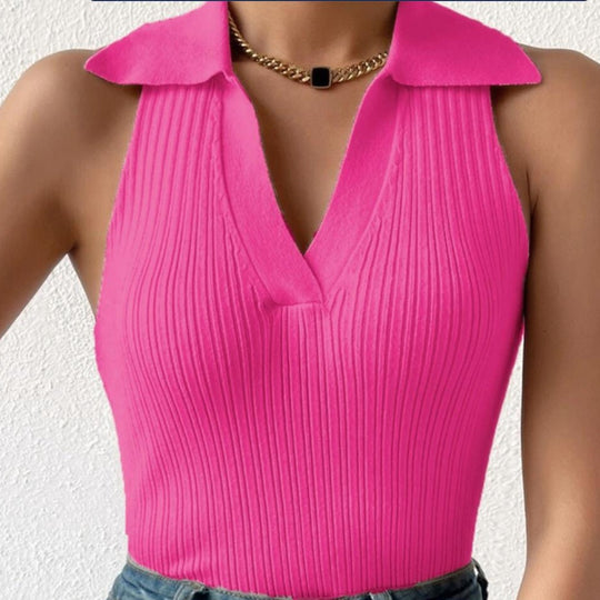 Damen Ärmelloses Strickoberteil mit modischem Kragen und Rippstruktur Heidi-Mode