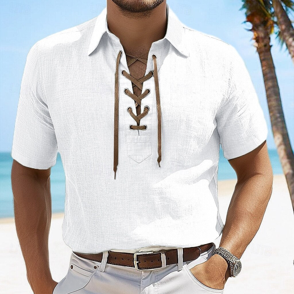Heidi Mode | Leinen Revers Tether V-Ausschnitt Kurzarm-Shirt
