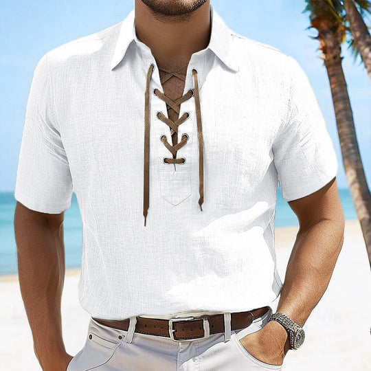 Heidi Mode | Leinen Revers Tether V-Ausschnitt Kurzarm-Shirt