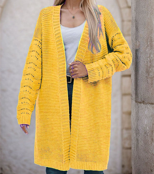 Damen Langer Strickcardigan mit luftiger Maschenstruktur und offener Front Heidi-Mode