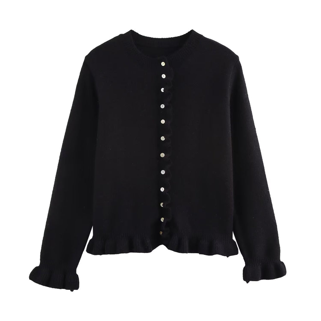 Damen Strickjacke mit dekorativem Rüschensaum und Knopfverschluss Heidi-Mode