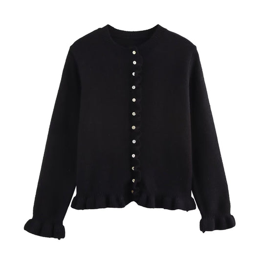 Damen Strickjacke mit dekorativem Rüschensaum und Knopfverschluss Heidi-Mode