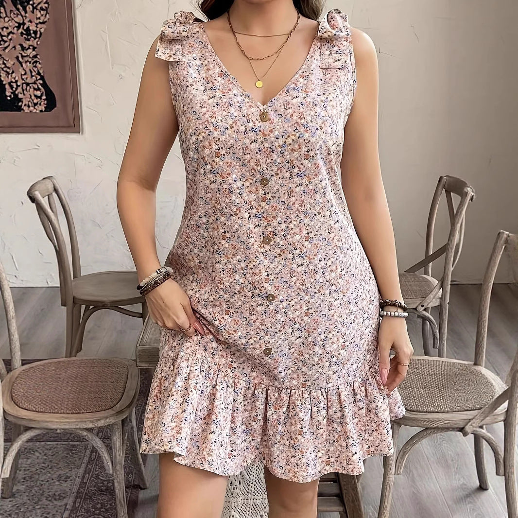 Damen kurzes Sommerkleid mit Rüschendetails und Knopfleiste Heidi-Mode