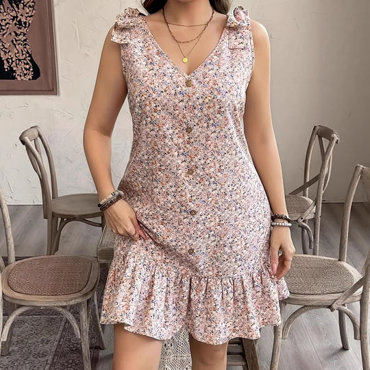 Damen kurzes Sommerkleid mit Rüschendetails und Knopfleiste Heidi-Mode