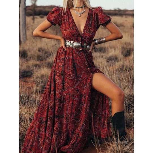 Heidi-Mode | Damen Kurzarm Paisleymuster Knopf Maxikleid