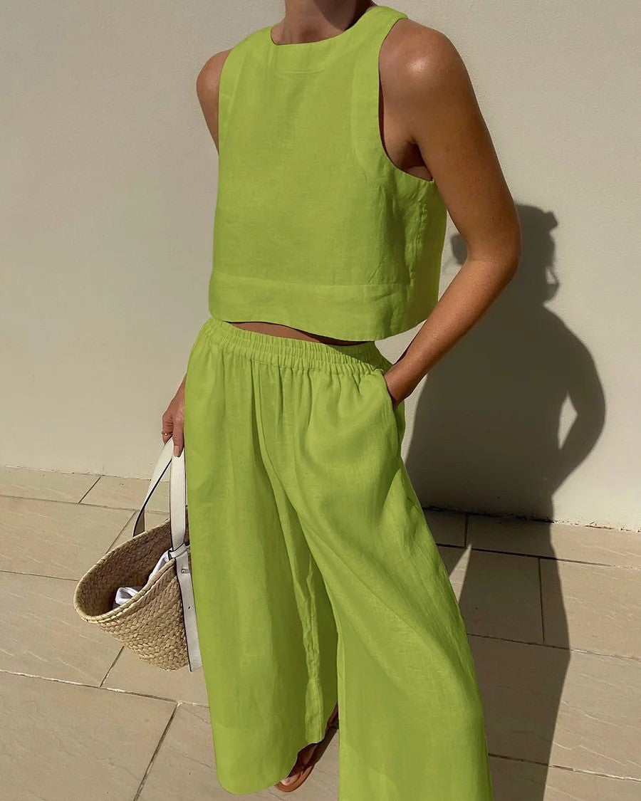Damen luftiges und modernes Leinen-Set mit Cropped Top und weitem Hose Heidi-Mode