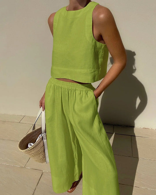 Damen luftiges und modernes Leinen-Set mit Cropped Top und weitem Hose Heidi-Mode