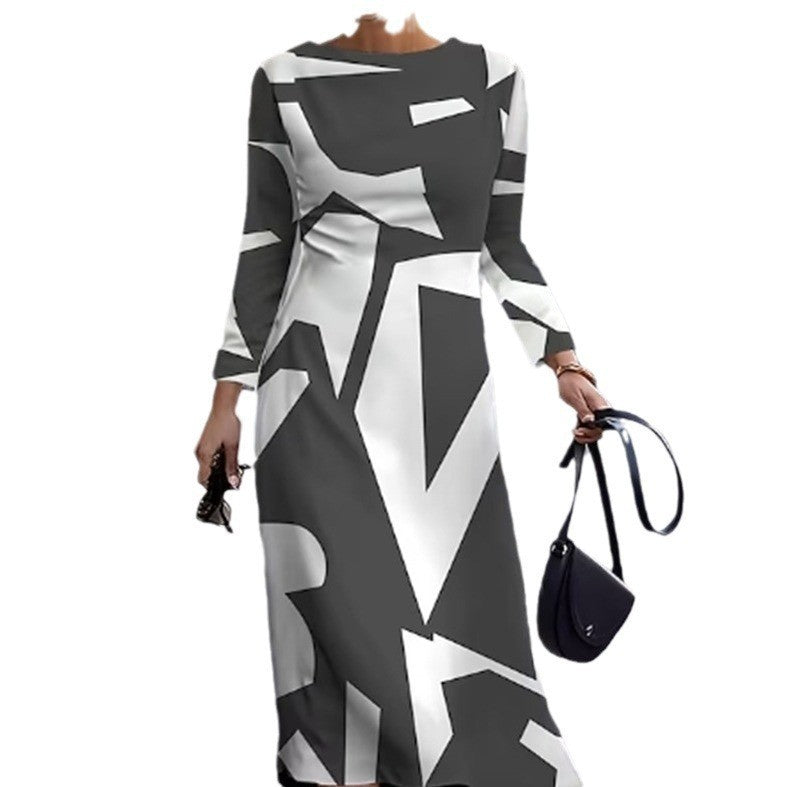 Damen Langarm Kleid mit grafischem Design und elegantem Schnitt Heidi-Mode