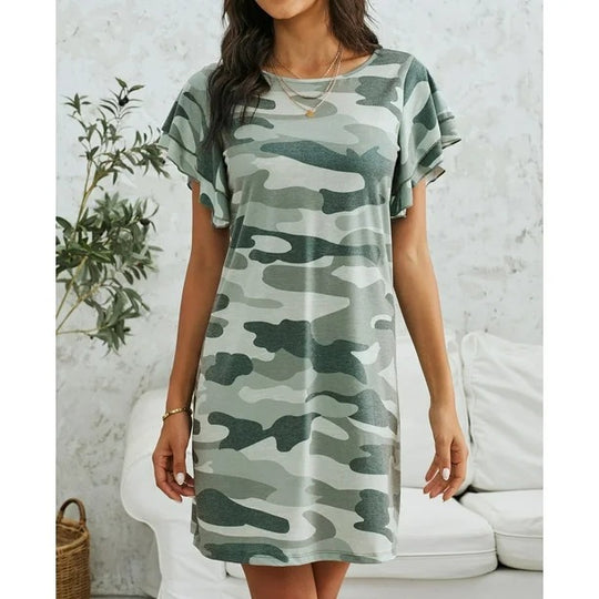 Damen Freizeitkleid mit Rüschendetails und Camouflage-Design Heidi-Mode