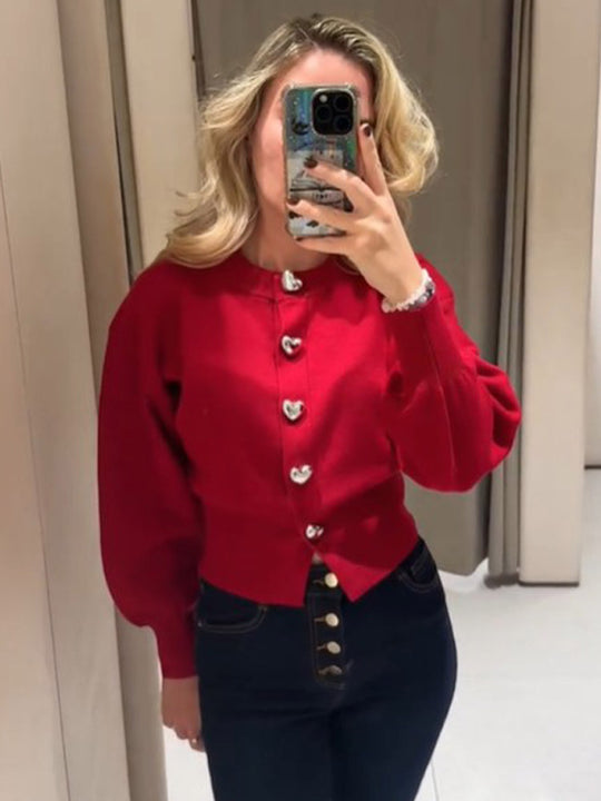 Damen Pullover mit Herzknöpfen und Puffärmeln Heidi-Mode