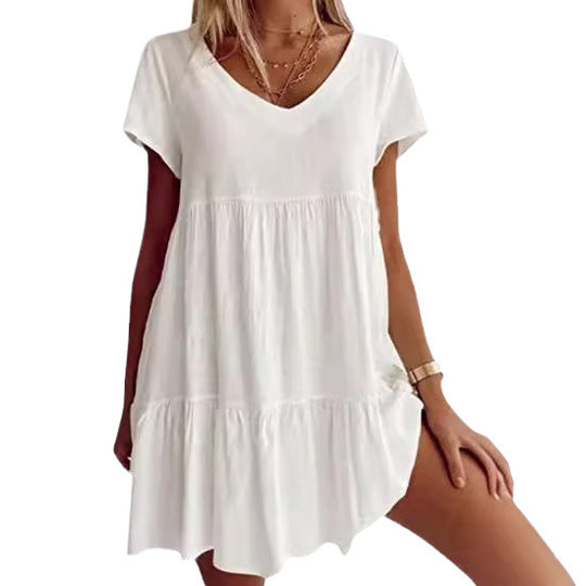 Damen lässiges und leichtes Sommerkleid mit V-Ausschnitt und voluminösem Rock Heidi-Mode