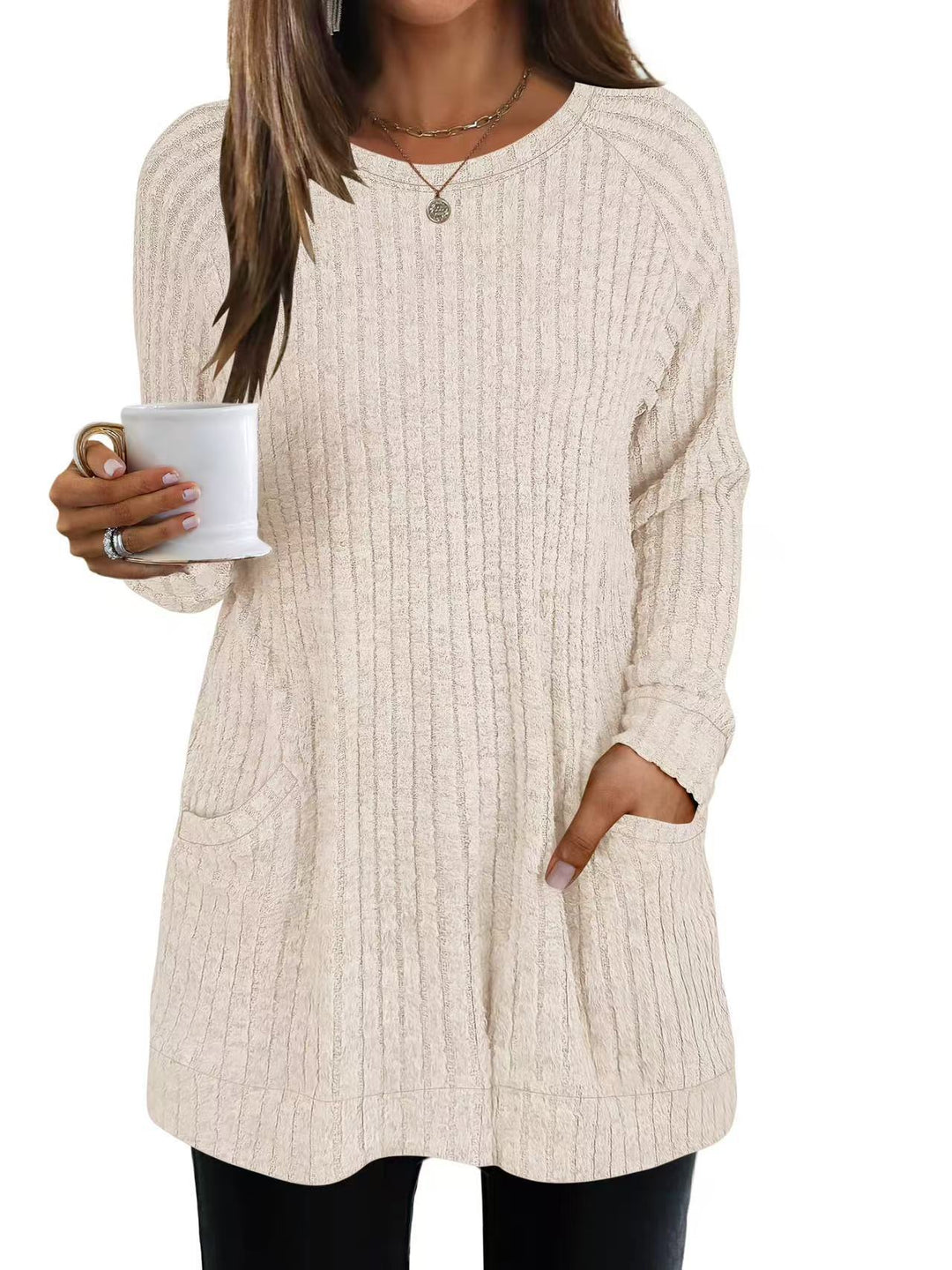 Damen lässiger Strickpullover mit seitlichen Eingrifftaschen und Rippenstruktur Heidi-Mode