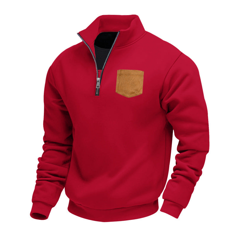 Herren Fleece-Pullover mit hohem Kragen und praktischer Brusttasche Heidi-Mode