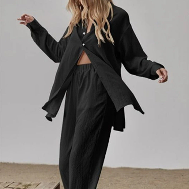 Damen Satin Pyjama Set mit langärmliger Bluse und weiten Hosen Heidi-Mode