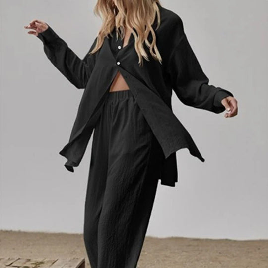 Damen Satin Pyjama Set mit langärmliger Bluse und weiten Hosen Heidi-Mode