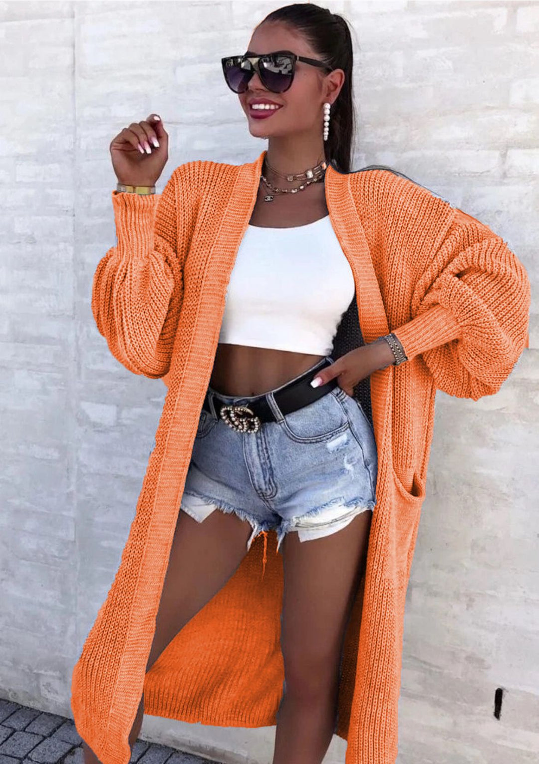 Damen Langer Strickcardigan mit weiten Ärmeln und praktischen Taschen Heidi-Mode