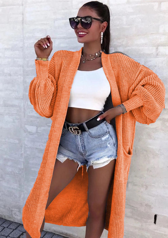 Damen Langer Strickcardigan mit weiten Ärmeln und praktischen Taschen Heidi-Mode