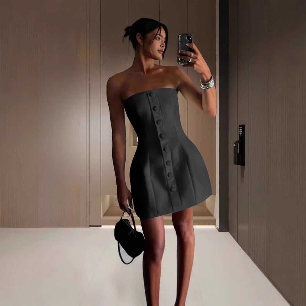 Damen Bustier Minikleid mit Knopfleiste und strukturiertem Oberteil Heidi-Mode