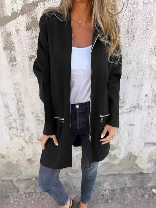 Damen Lange Strickjacke mit durchgehendem Reißverschluss und praktischen Taschen Heidi-Mode