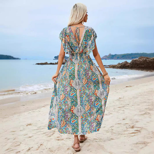 Damen Maxikleid mit verspieltem Mustermix und Rüschendetails Heidi-Mode