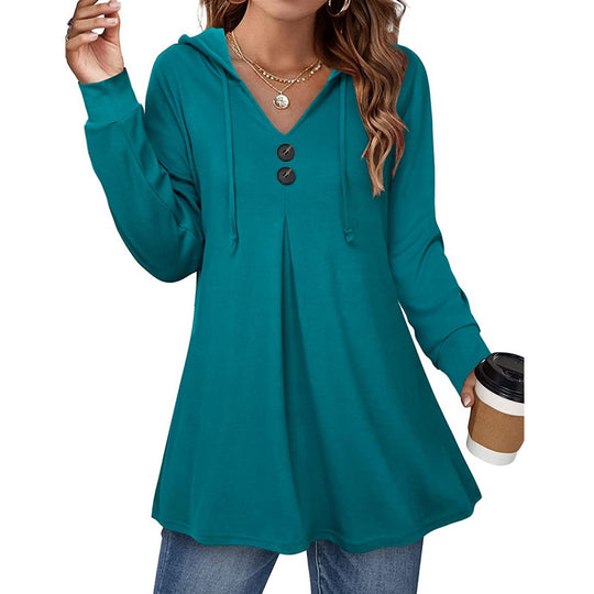Damen Kapuzenpullover mit V-Ausschnitt und dekorativen Knöpfen Heidi-Mode